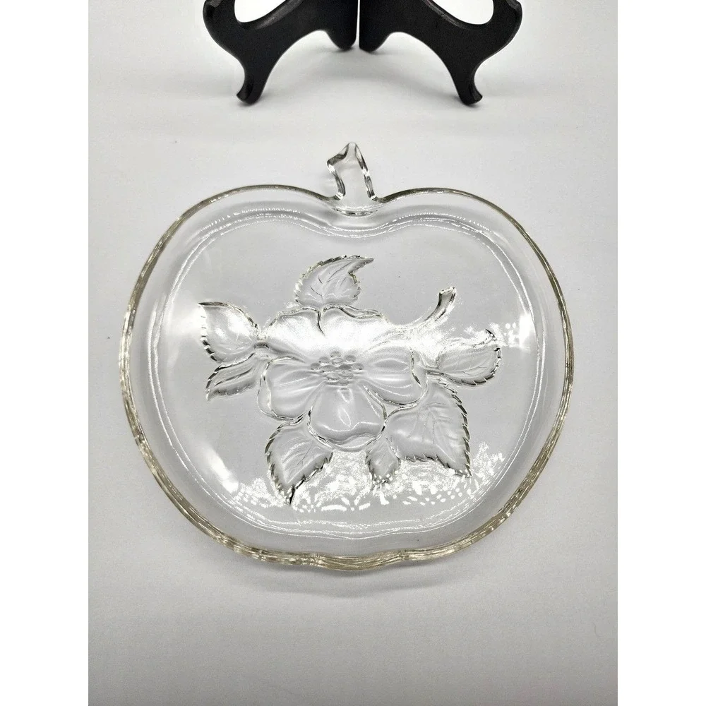 Vintage Apple Shaped Serving‎ Dish With Flower Detail Clear Glass